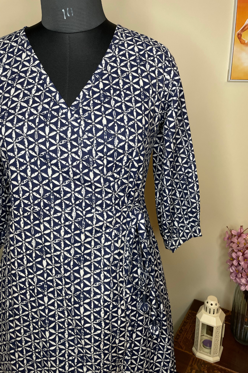 Gina - Blue Hand Block Printed Wrap Dress