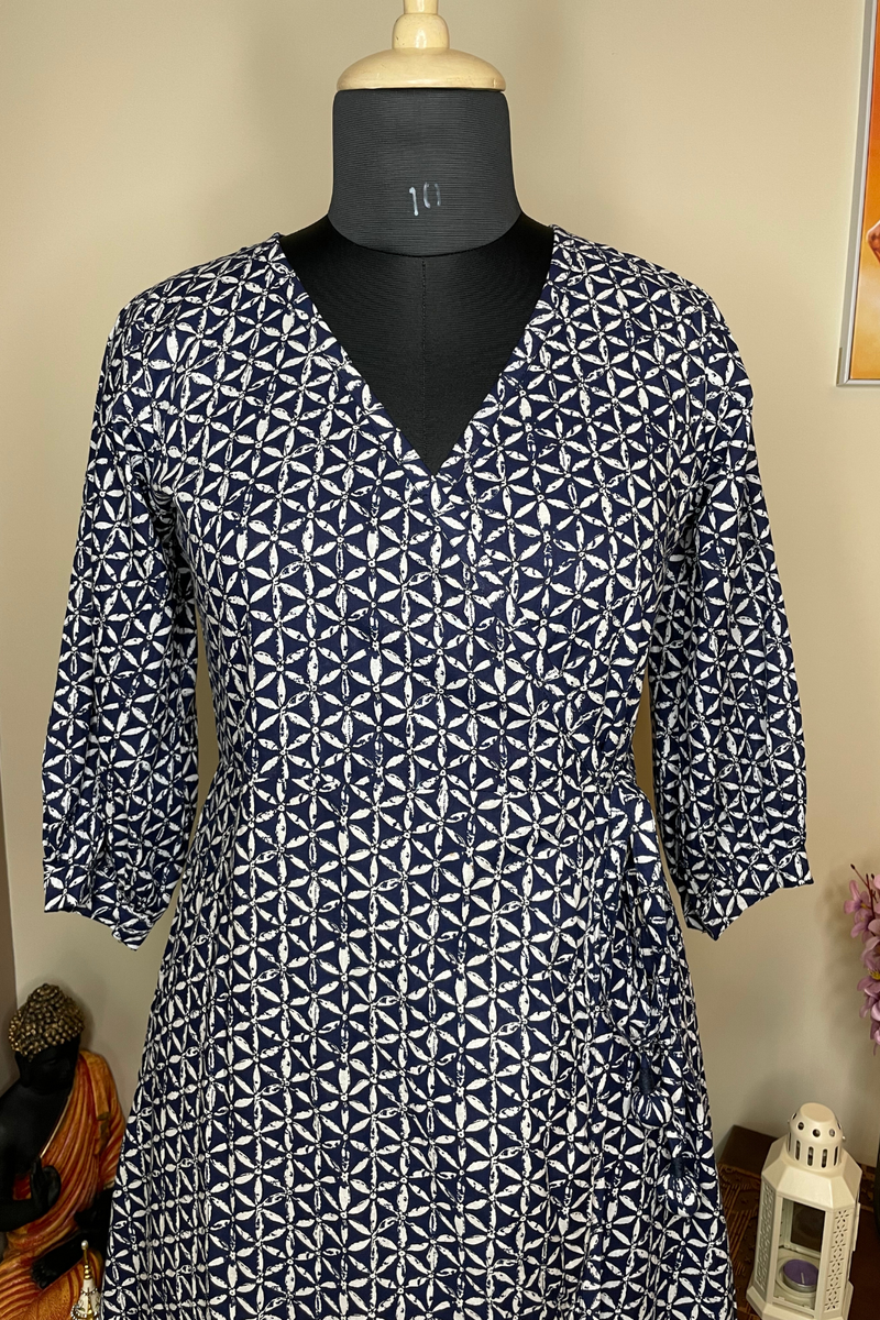 Gina - Blue Hand Block Printed Wrap Dress