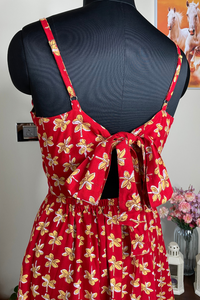 Amy - Red and Yellow Floral Skater Dress with Back Bow Tie Up