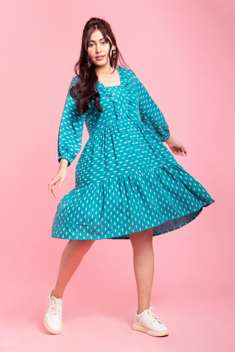 Sarah - Teal Green Tiered Dress With Bishop Sleeves