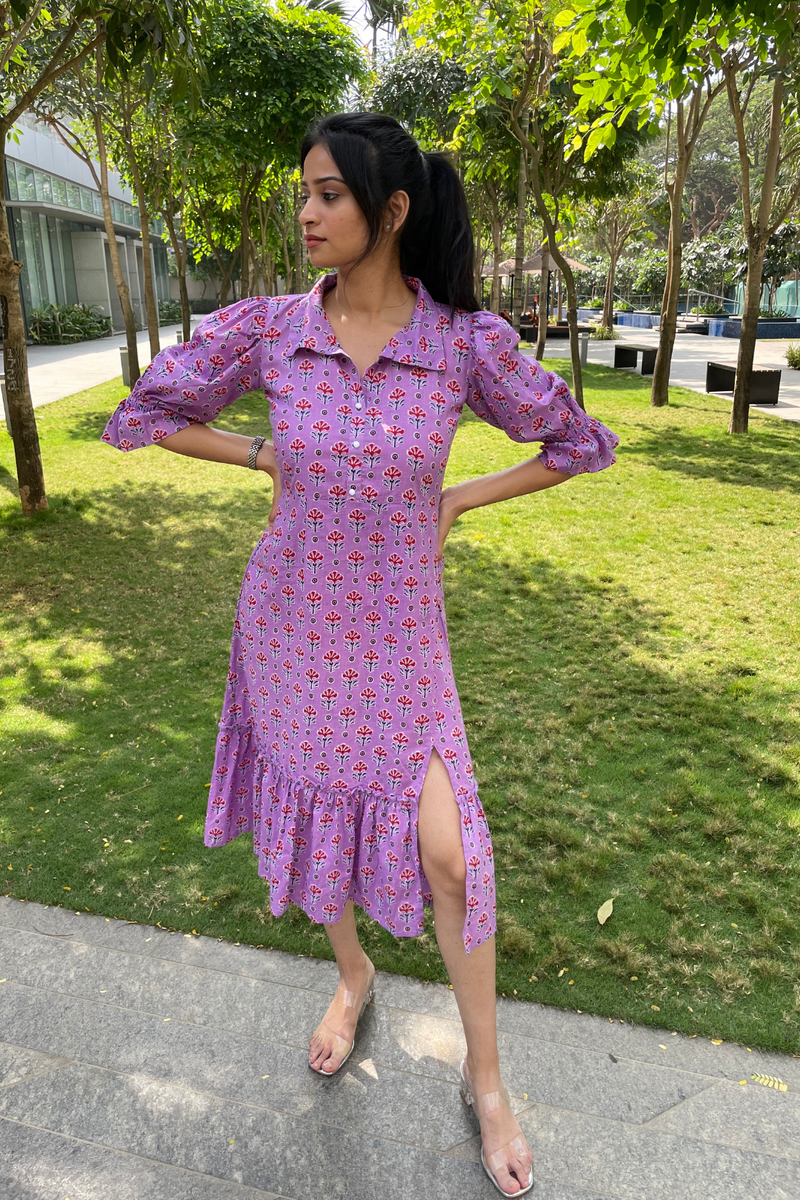 Rayna - Lavender Block Printed Midi Shirt Dress With Front Side Slit