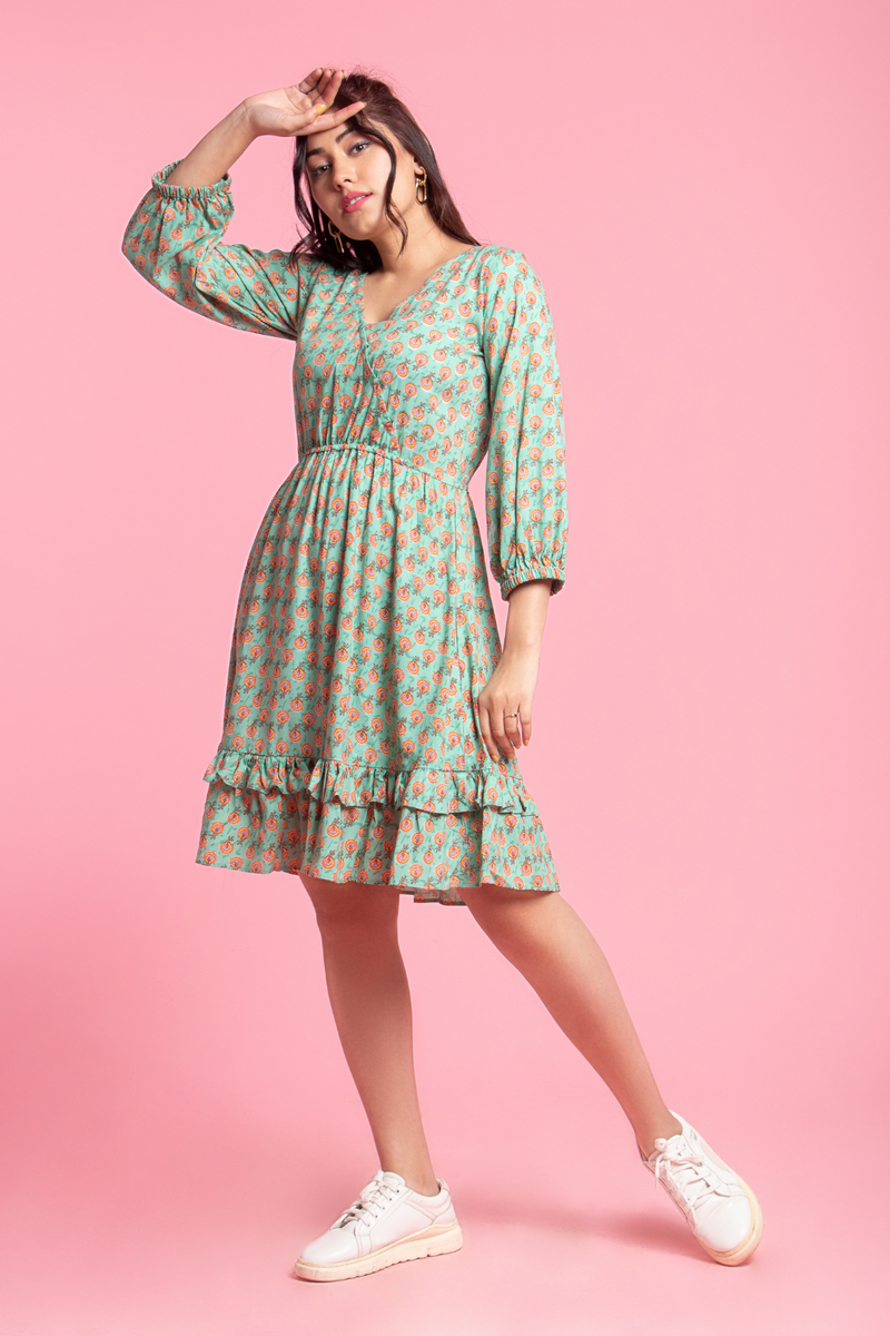 Stella Dress - Mint Green Printed Wrap Neckline Dress