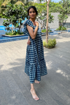 Alycia - Denim Blue and White Geometric Butterfly Sleeves Maxi Dress