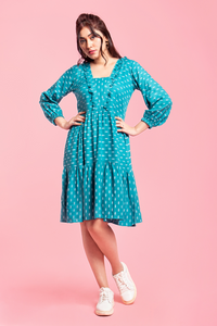 Sarah - Teal Green Tiered Dress With Bishop Sleeves