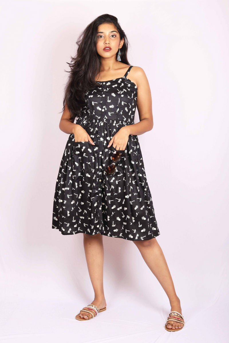 Black & White Beach Print Spaghetti Strap Dress