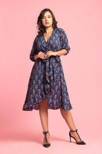 Bailey - Indigo And Yellow Floral Block Printed Wrap Around Dress