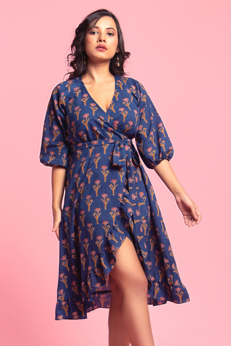 Bailey - Indigo And Yellow Floral Block Printed Wrap Around Dress