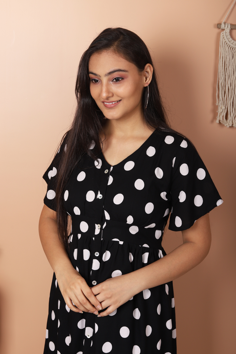 Lola - Black and White Polka Dot Midi Dress