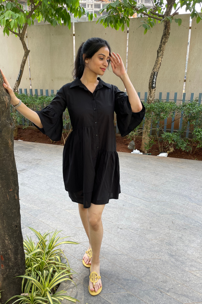 Natalia - Black Mini Shirt Dress With Layered Frilled