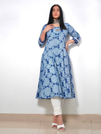 Blue and White Floral Print Anarkali Kurta Pant Set