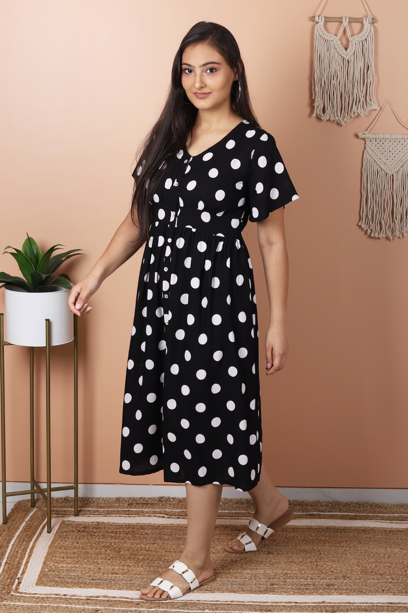 Lola - Black and White Polka Dot Midi Dress