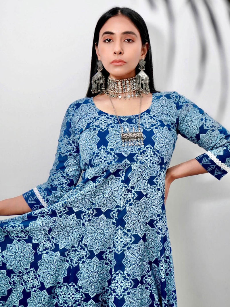 Blue and White Floral Print Anarkali Kurta Pant Set