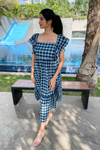 Alycia - Denim Blue and White Geometric Butterfly Sleeves Maxi Dress