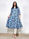 Blue and White Floral Print Anarkali Kurta Pant Set