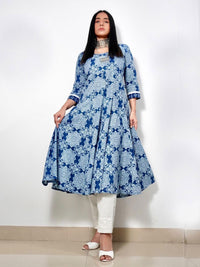 Blue and White Floral Print Anarkali Kurta Pant Set