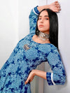 Blue and White Floral Print Anarkali Kurta Pant Set