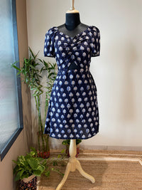 Layla - Indigo Blue Tulip Print Back Bow Tie Dress