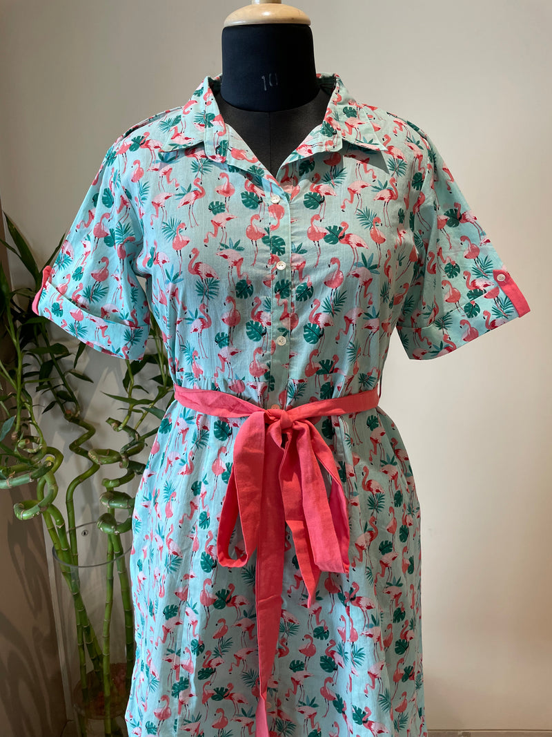 Flamingo Print Shirt Dress