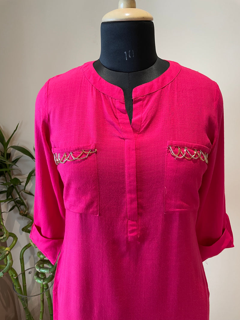 Hot Pink Midi Kurta With Embellishment On Pockets