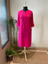 Hot Pink Midi Kurta With Embellishment On Pockets