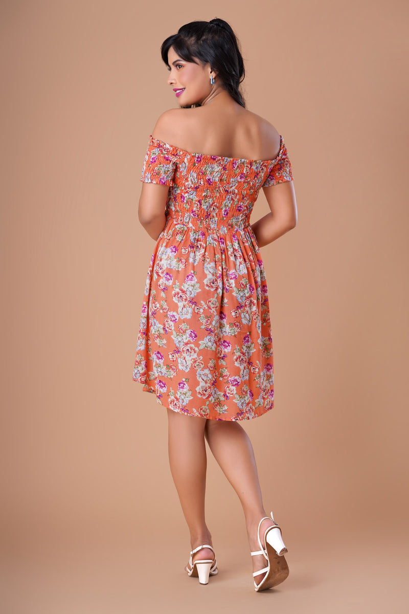 Faith - Orange Floral Wrap Skirt Off Shoulder Mini Dress