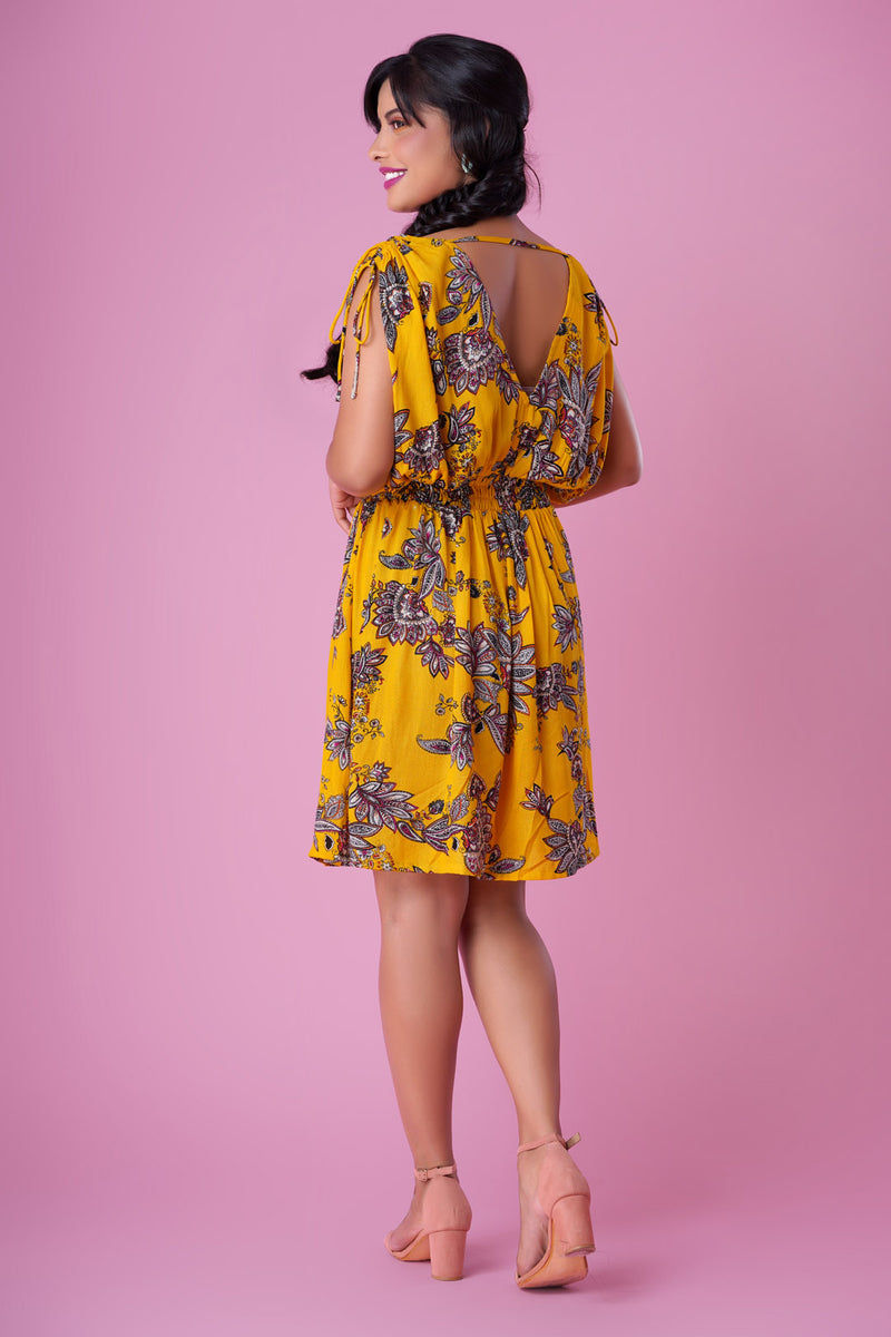 Blair - Yellow Floral Skater Dress With Drawstring Sleeves