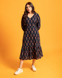 Chelsea - Navy Blue Block Printed A-Line Dress