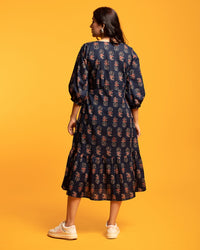 Chelsea - Navy Blue Block Printed A-Line Dress