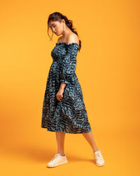 Margot - Indigo Blue Leaf Print Off Shoulder Dress