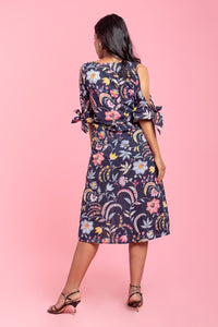 Hope Dress - Blue Floral Cold Shoulder Midi Dress