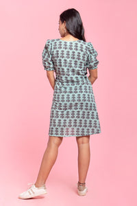 Fionna - Mint Green and Black Print Skater Dress