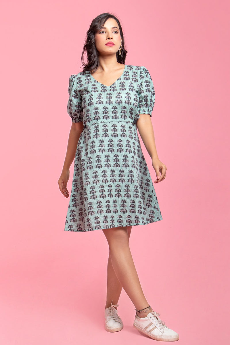 Fionna - Mint Green and Black Print Skater Dress