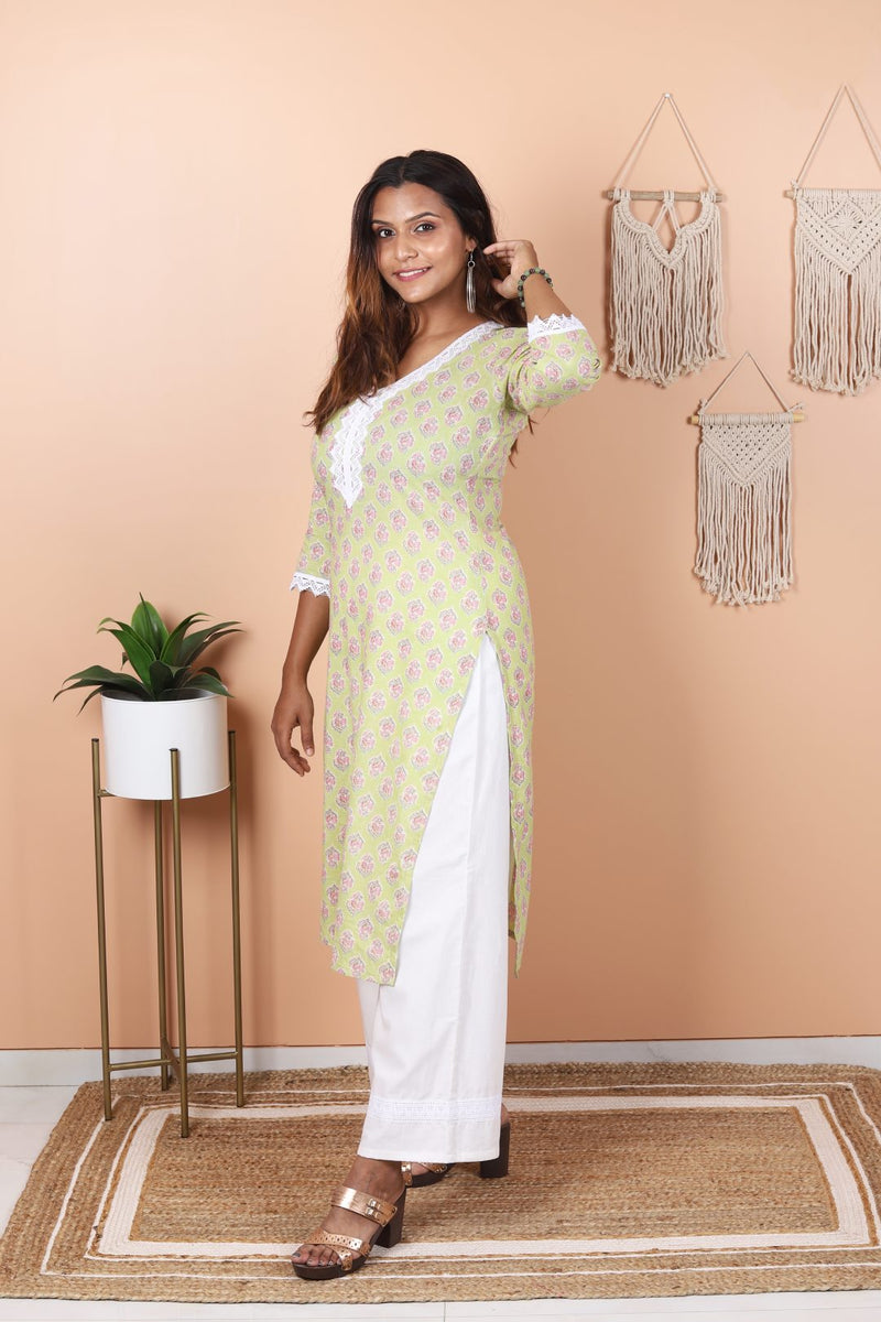 Sage - Mint Green Kurta and White Palazo Co-ord Set