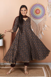 Chocolate Brown Block Printed Anarkali Set