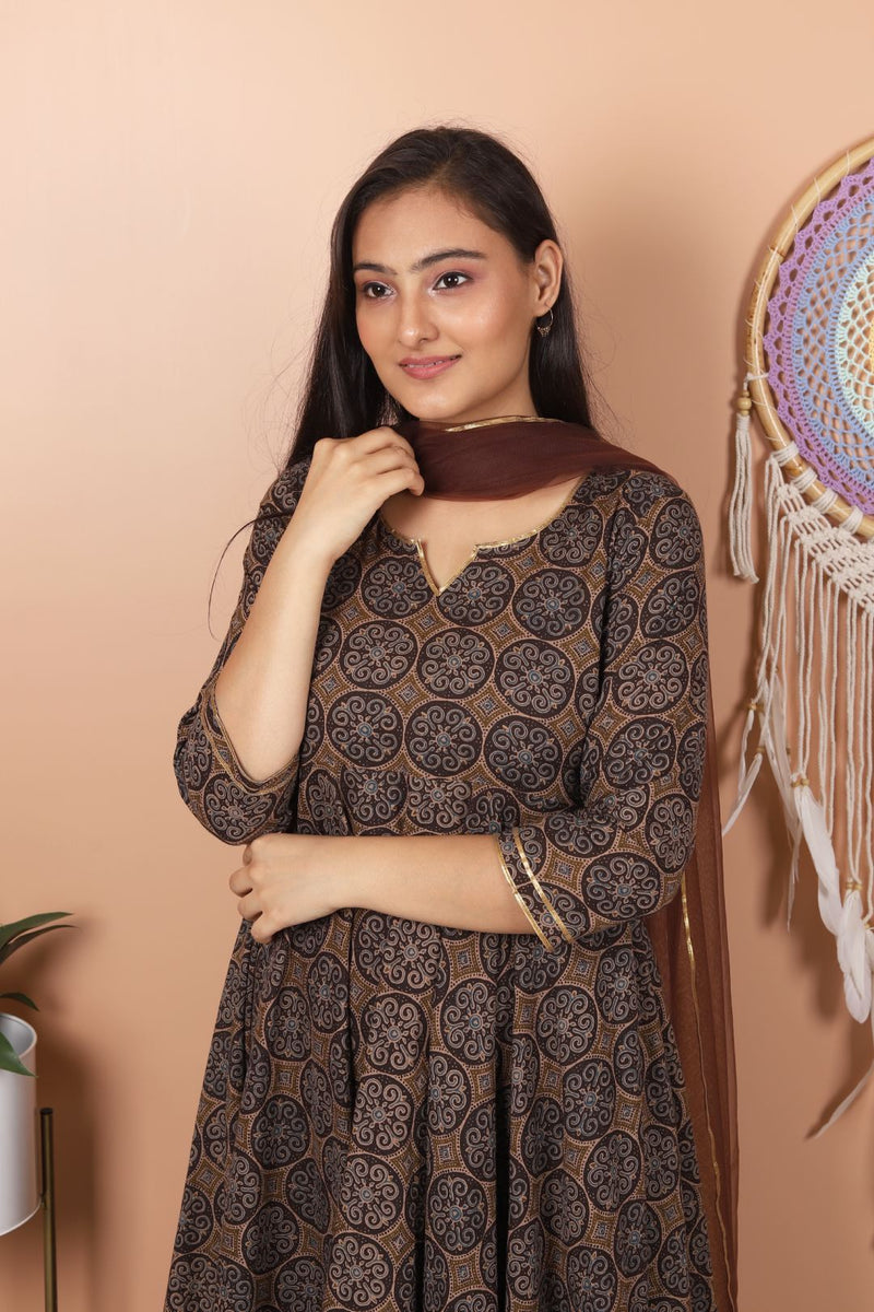 Chocolate Brown Block Printed Anarkali Set