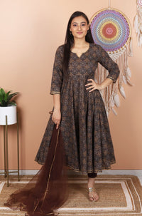 Chocolate Brown Block Printed Anarkali Set