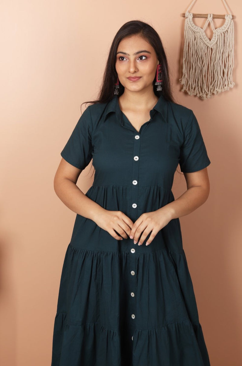 Emerald - Bottle Green Tiered Midi Dress With Shirt Collar