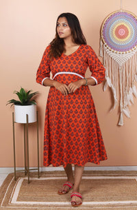 Orange With Maroon Block Print A-line Dress