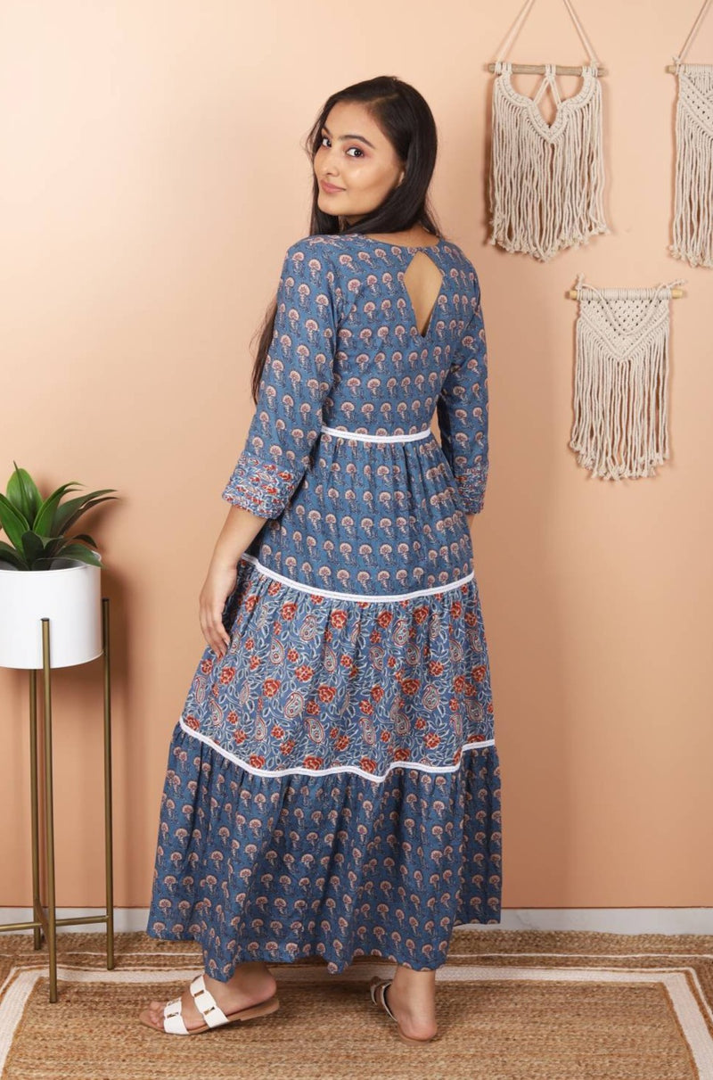 Blue Paisley and Floral Print Tiered Maxi Dress