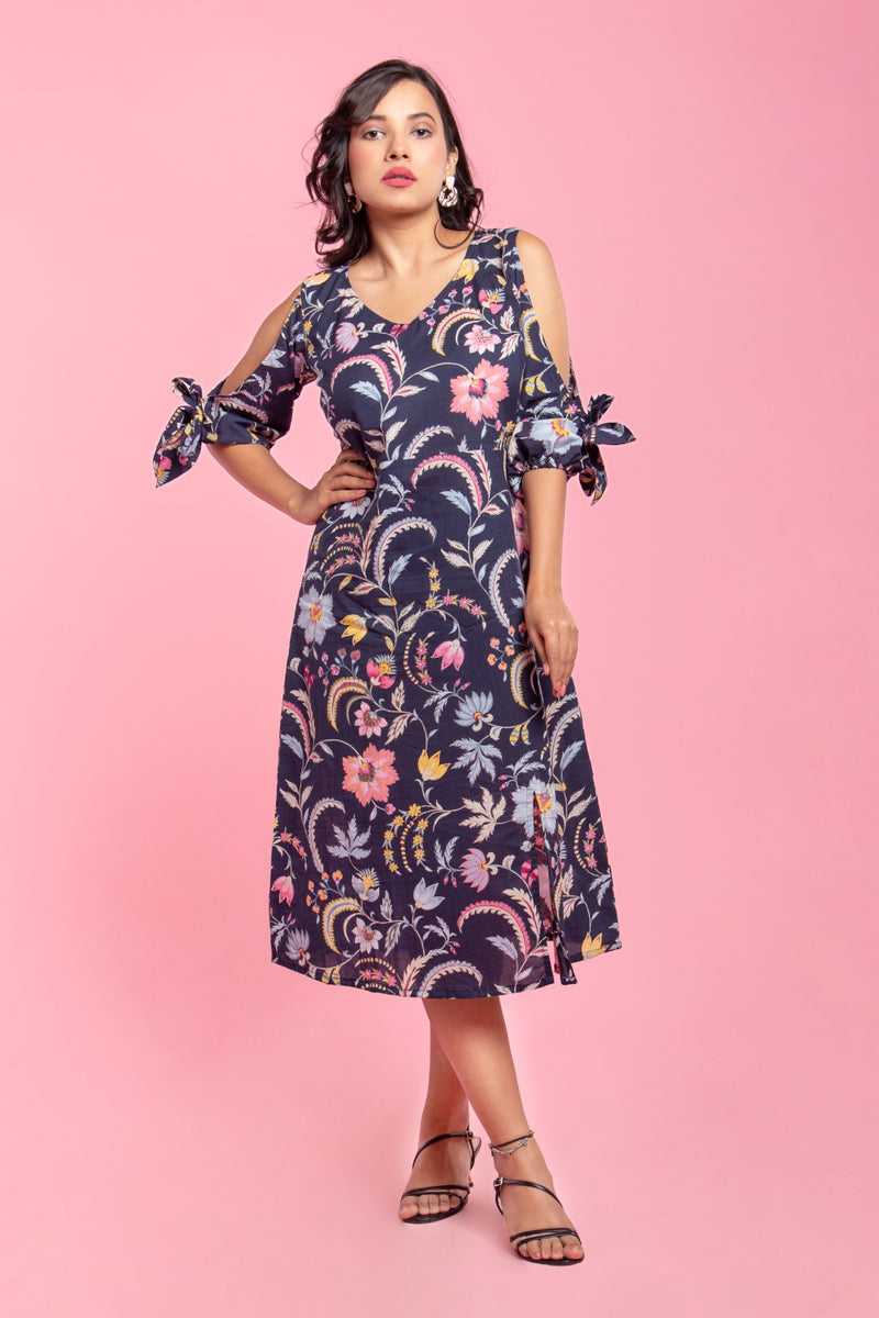 Hope Dress - Blue Floral Cold Shoulder Midi Dress