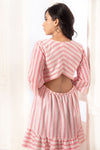 Bella - Pink and White Stripes Printed Flared Dress With Back Cut