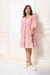 Bella - Pink and White Stripes Printed Flared Dress With Back Cut