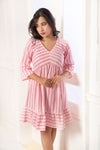 Bella - Pink and White Stripes Printed Flared Dress With Back Cut