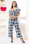 Hannah - Blue and White Checks Cold Shoulder Jumpsuit