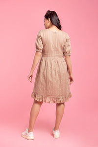 Amber - Beige Schiffli Empire Line Dress with Puff Sleeves
