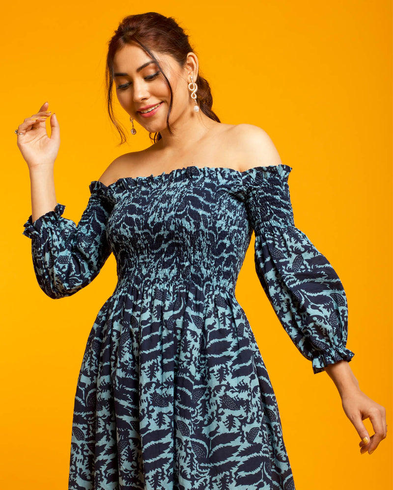 Margot - Indigo Blue Leaf Print Off Shoulder Dress